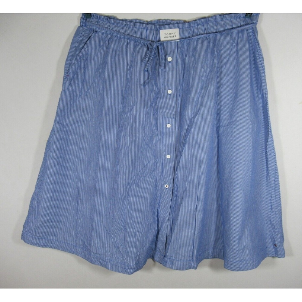 NEW Tommy Hilfiger A-Line Midi Skirt Women XL Blue Stripe Cotton Pockets